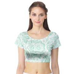 Mint Green And White Baroque Floral Pattern Short Sleeve Crop Top by Dushan