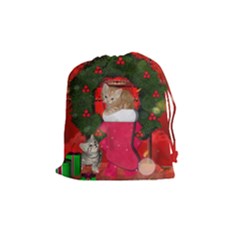 Christmas, Funny Kitten With Gifts Drawstring Pouches (medium)  by FantasyWorld7