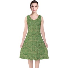 Stars In The Wooden Forest Night In Green V-neck Midi Sleeveless Dress  by pepitasart