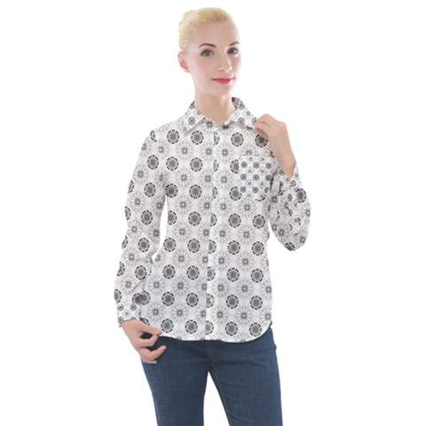 Pattern Black And White Flower Women s Long Sleeve Pocket Shirt by Alisyart