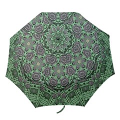 Bamboo Wood And Flowers In The Green Folding Umbrellas by pepitasart