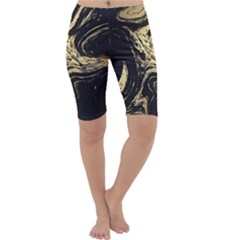Black And Gold Marble Cropped Leggings  by Dushan