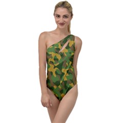 Yellow Green Brown Camouflage To One Side Swimsuit by SpinnyChairDesigns