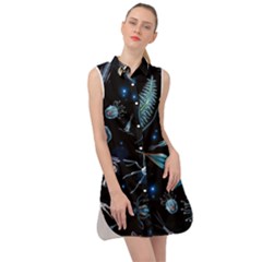 Colorful Abstract Pattern Consisting Glowing Lights Luminescent Images Marine Plankton Dark Sleeveless Shirt Dress by Ravend