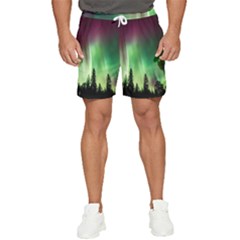 Aurora Borealis Northern Lights Forest Trees Woods Men s Runner Shorts by danenraven