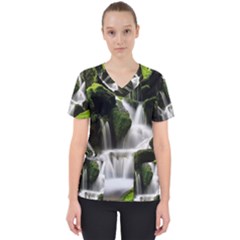 Waterfall Moss Korea Mountain Valley Green Forest Women s V-neck Scrub Top by Ndabl3x