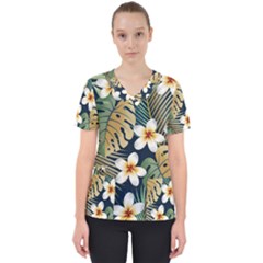 Seamless Pattern With Tropical Strelitzia Flowers Leaves Exotic Background Women s V-neck Scrub Top by Ket1n9