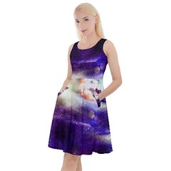 Dark Purple Fun Night Sky The Moon Stars Knee Length Skater Dress With Pockets by CoolDesigns