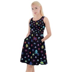 Pixelated Cartoon Ghost Print Black Knee Length Skater Dress With Pockets by CoolDesigns