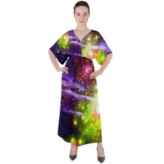 Purple Green Star Black A Fun Night Sky The Moon And Stars V-neck Boho Style Maxi Dress by CoolDesigns