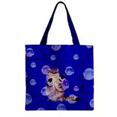 Blue Bubbles Cute Cat Zipper Grocery Tote Bag by CoolDesigns