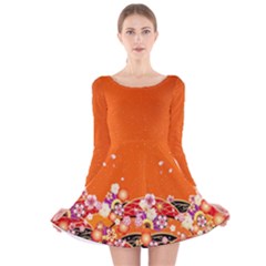 Orange Japanese Style Cherry Blossom Long Sleeve Velvet Skater Dress by CoolDesigns