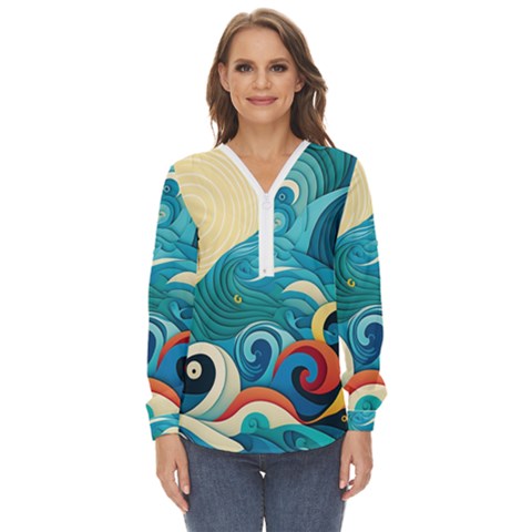 Waves Wave Ocean Sea Abstract Whimsical Zip Up Long Sleeve Blouse by Maspions