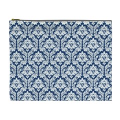 Navy Blue Damask Pattern Cosmetic Bag (xl) by Zandiepants