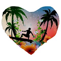 Tropical Design With Surfboarder Large 19  Premium Flano Heart Shape Cushions by FantasyWorld7