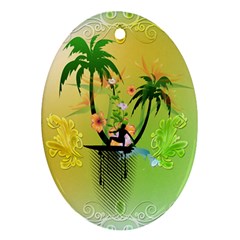 Surfing, Surfboarder With Palm And Flowers And Decorative Floral Elements Oval Ornament (two Sides) by FantasyWorld7