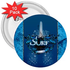 Surf, Surfboard With Water Drops On Blue Background 3  Buttons (10 Pack)  by FantasyWorld7