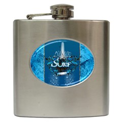 Surf, Surfboard With Water Drops On Blue Background Hip Flask (6 Oz) by FantasyWorld7