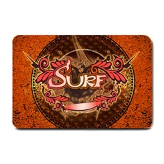 Surfing, Surfboard With Floral Elements  And Grunge In Red, Black Colors Small Doormat  by FantasyWorld7