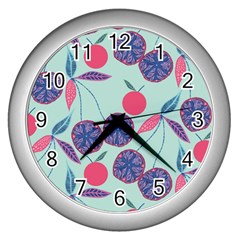 Passion Fruit Pink Purple Cerry Blue Leaf Wall Clocks (silver)  by Alisyart
