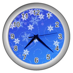 Winter Blue Snowflakes Rain Cool Wall Clocks (silver)  by Mariart