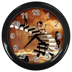 Cute Little Girl Dancing On A Piano Wall Clocks (black) by FantasyWorld7