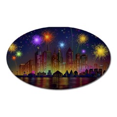 Happy Birthday Independence Day Celebration In New York City Night Fireworks Us Oval Magnet by Sapixe