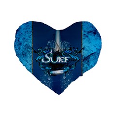 Sport, Surfboard With Water Drops Standard 16  Premium Heart Shape Cushions by FantasyWorld7
