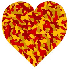 Red And Yellow Camouflage Pattern Wooden Puzzle Heart by SpinnyChairDesigns