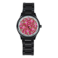 Flower Background Pattern Pink Stainless Steel Round Watch by Ravend