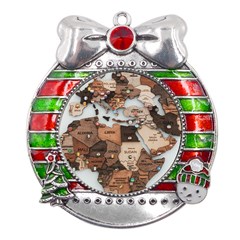 3d Vintage World Map Metal X mas Ribbon With Red Crystal Round Ornament by Grandong
