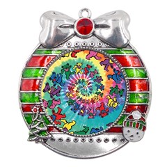 Grateful Dead Bears Tie Dye Vibrant Spiral Metal X mas Ribbon With Red Crystal Round Ornament by Bedest